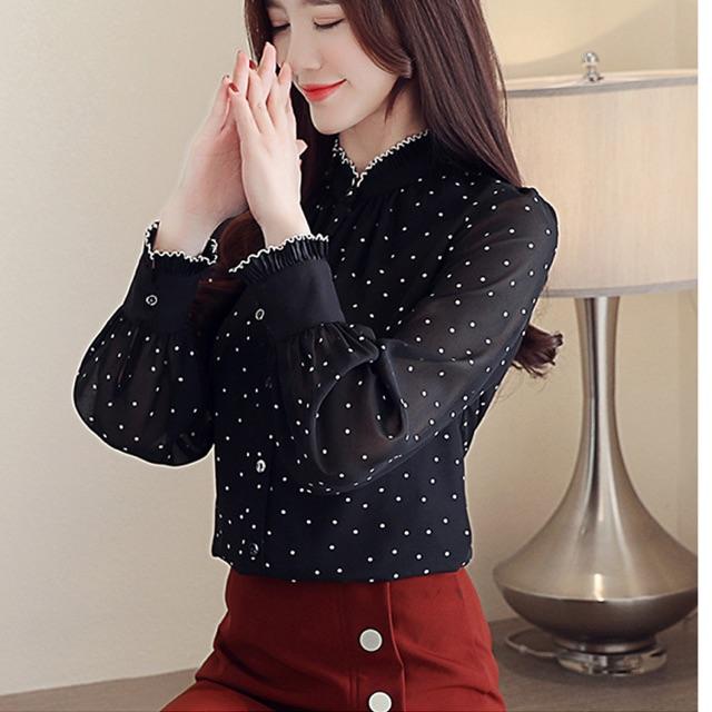 Áo sơ mi nữ tay dài chấm bi cao cấp size M L XL