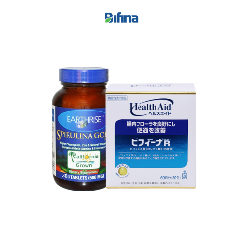 Combo tăng cân: Tảo Mặt Trời Earthrise Spirulina Gold Plus và Men vi sinh Bifina R Nhật bản 60 gói