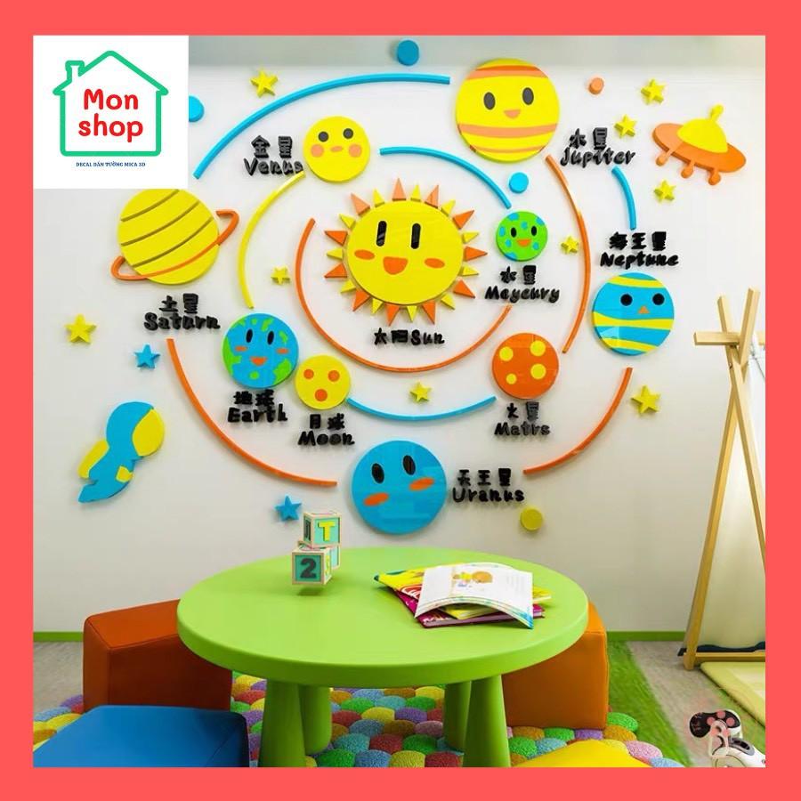 Decal dán tường mica 3D hệ mặt trời, các hành tinh, trang trí lớp học Tiếng Anh cho bé