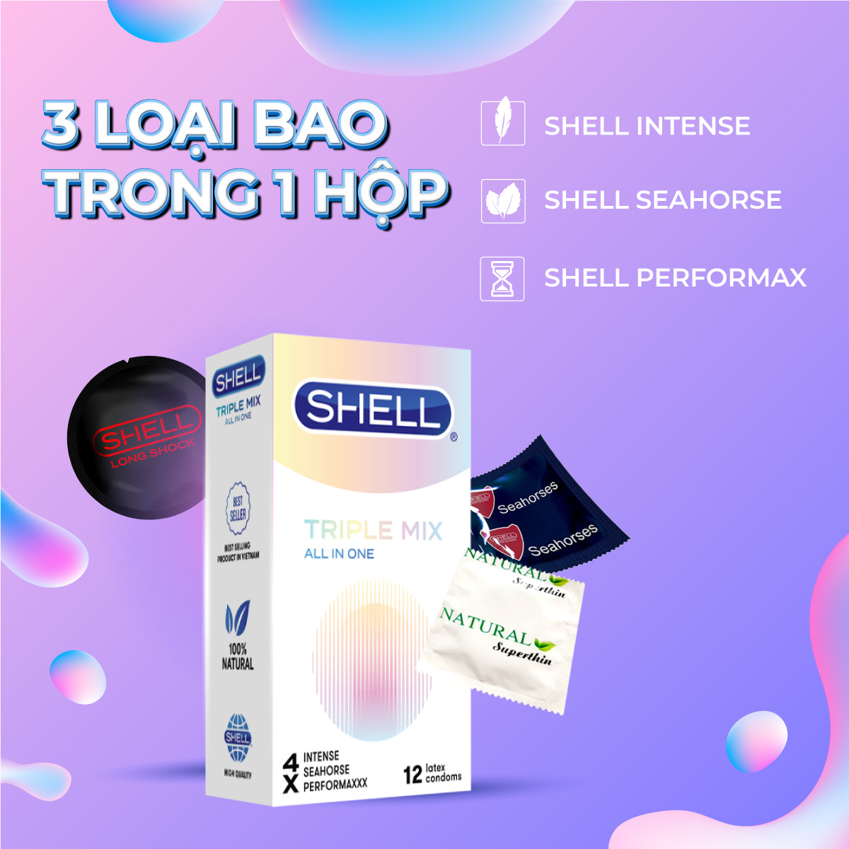 Bao cao su Shell Triple Mix - Siêu mỏng, mát lạnh, gân gai - Hộp 12 cái