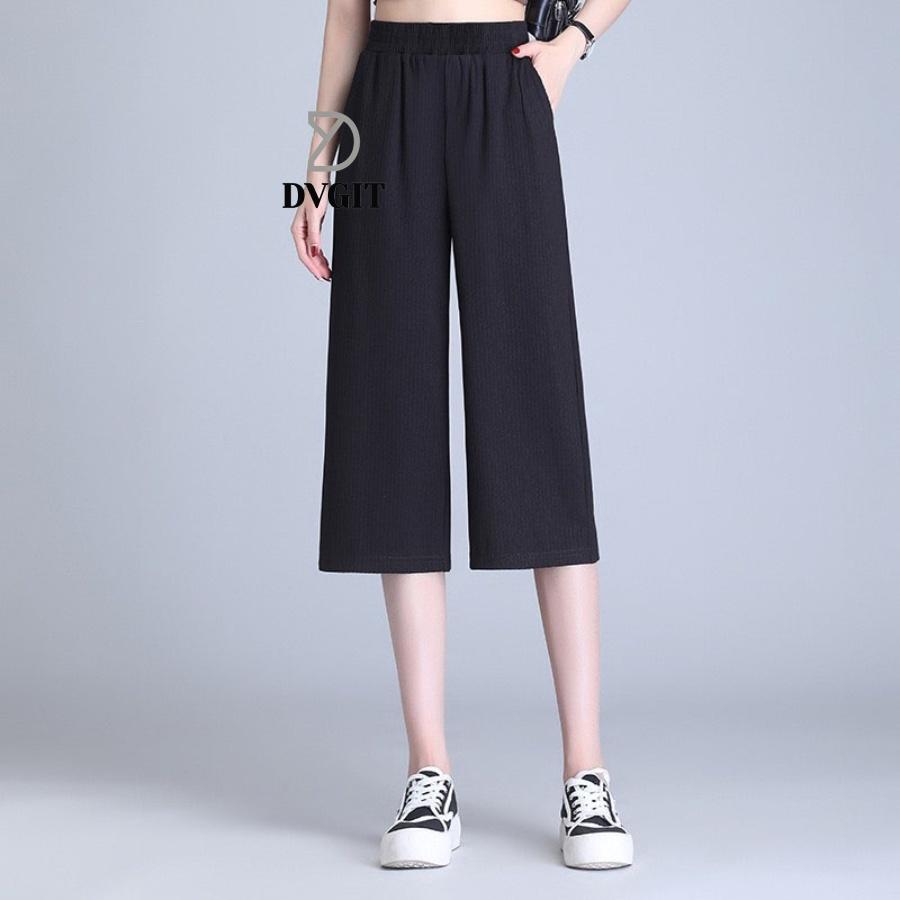 Quần Ống Rộng Nữ DVGIT Dáng Lửng Chất Liệu Thun Tăm Lạnh Màu Đen Mát Mịn Phù Hợp Đi Chơi Dạo Phồ Thời Trang Hàn Quốc - Màu đen