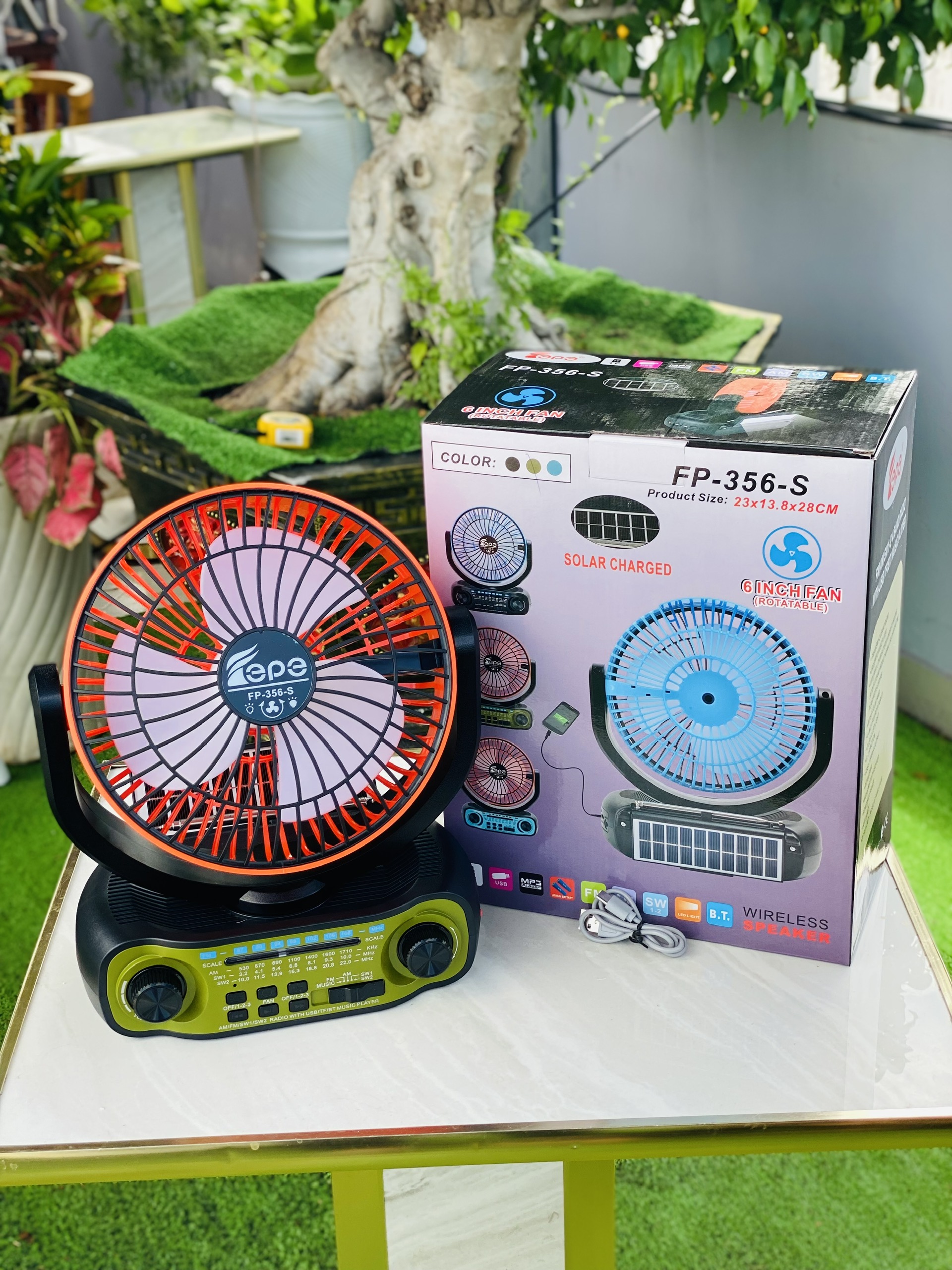 Quạt Đa Năng FP356S tích hợp 3 trong 1 quạt làm mát đài radio nghe nhạc có năng lượng mặt trời cao cấp dùng pin sạc hàng nhập khẩu