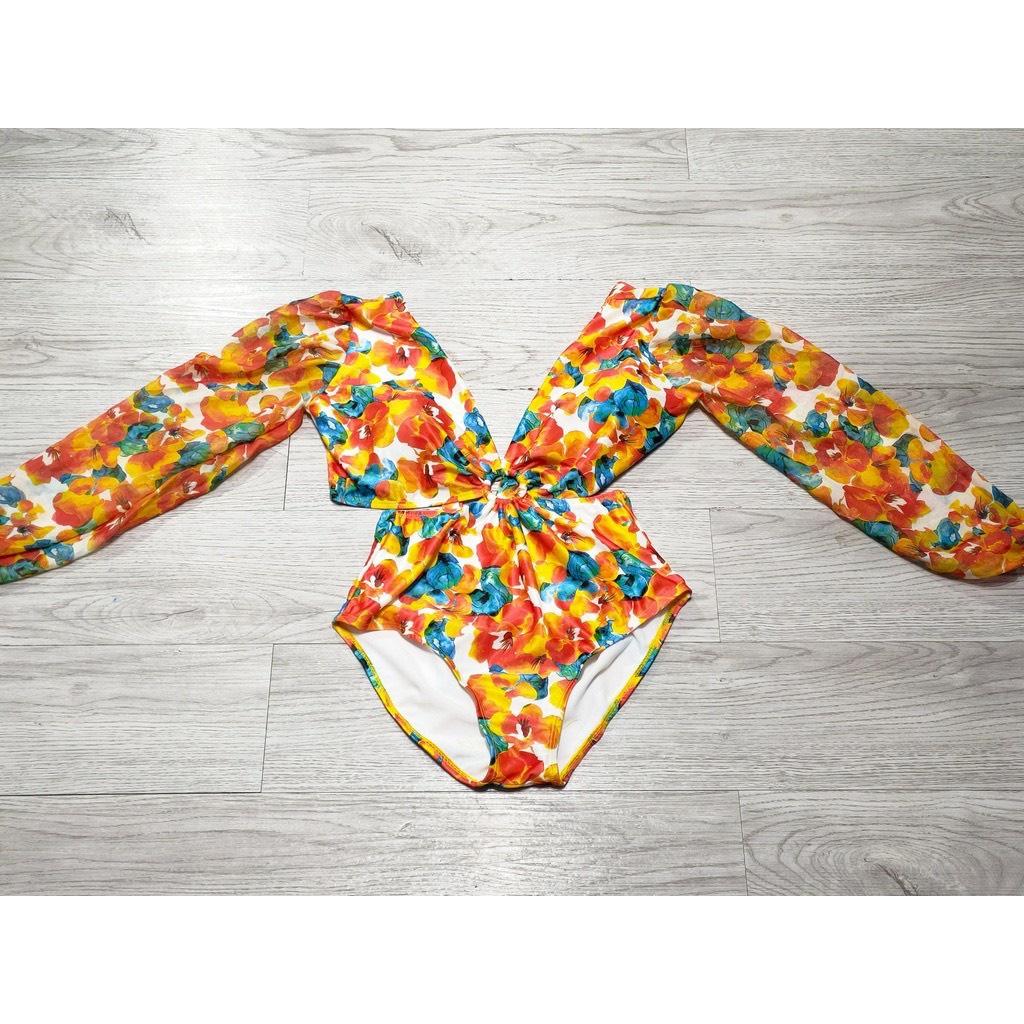 Bikini bộ bơi đồ bơi đi biển nữ liền thân tay voan phồng họa tiết hoa cam siêu sang LT- 99
