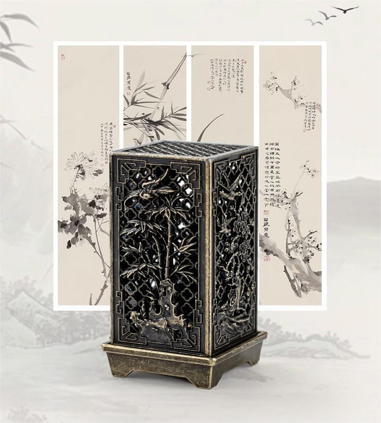 Lư Xông Trầm Trụ Hợp Kim Nhỏ Gọn – Đốt Nụ Trầm, Bột Trầm, Họa Tiết Tứ Quý Phong Thủy