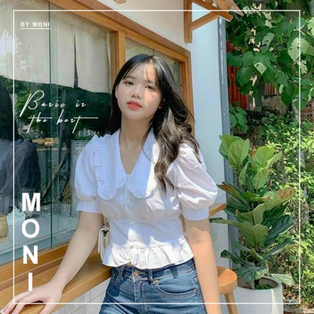 Áo kiểu croptop cổ bèo trắng tay ngắn phồng ôm eo nút bọc