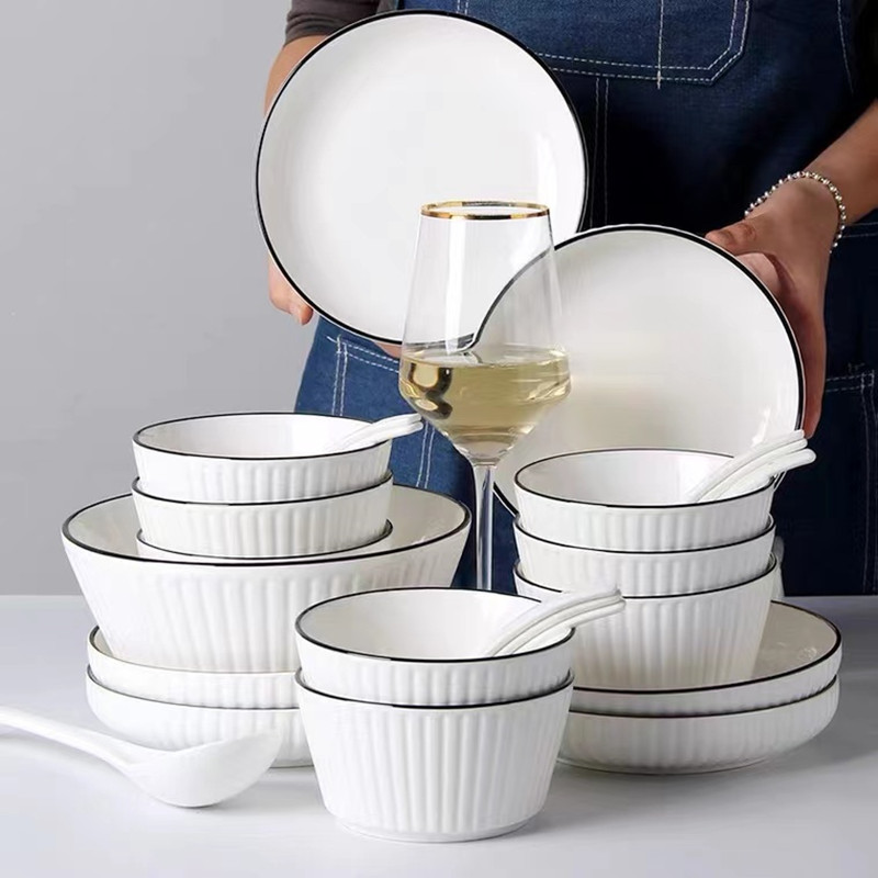 Tô/Chén bát sứ vân sọc viền đen Âu Mỹ