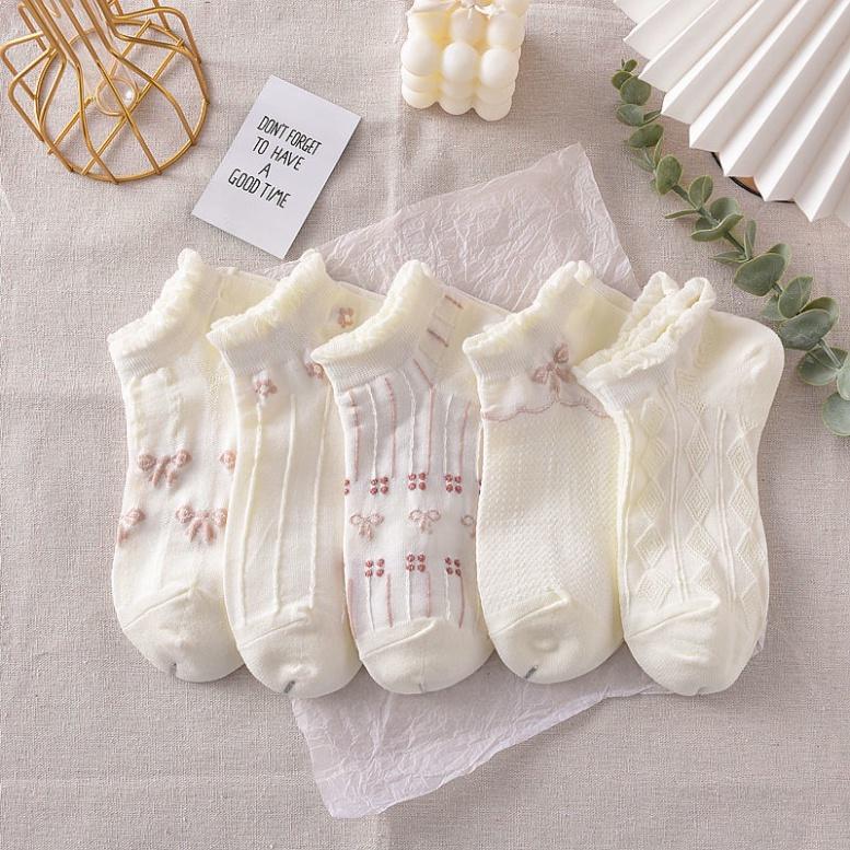 Set 10 Đôi Tất Vớ Nữ Cổ Ngắn Họa Tiết Nơ Nhún Bèo Cotton Kèm Túi.T37