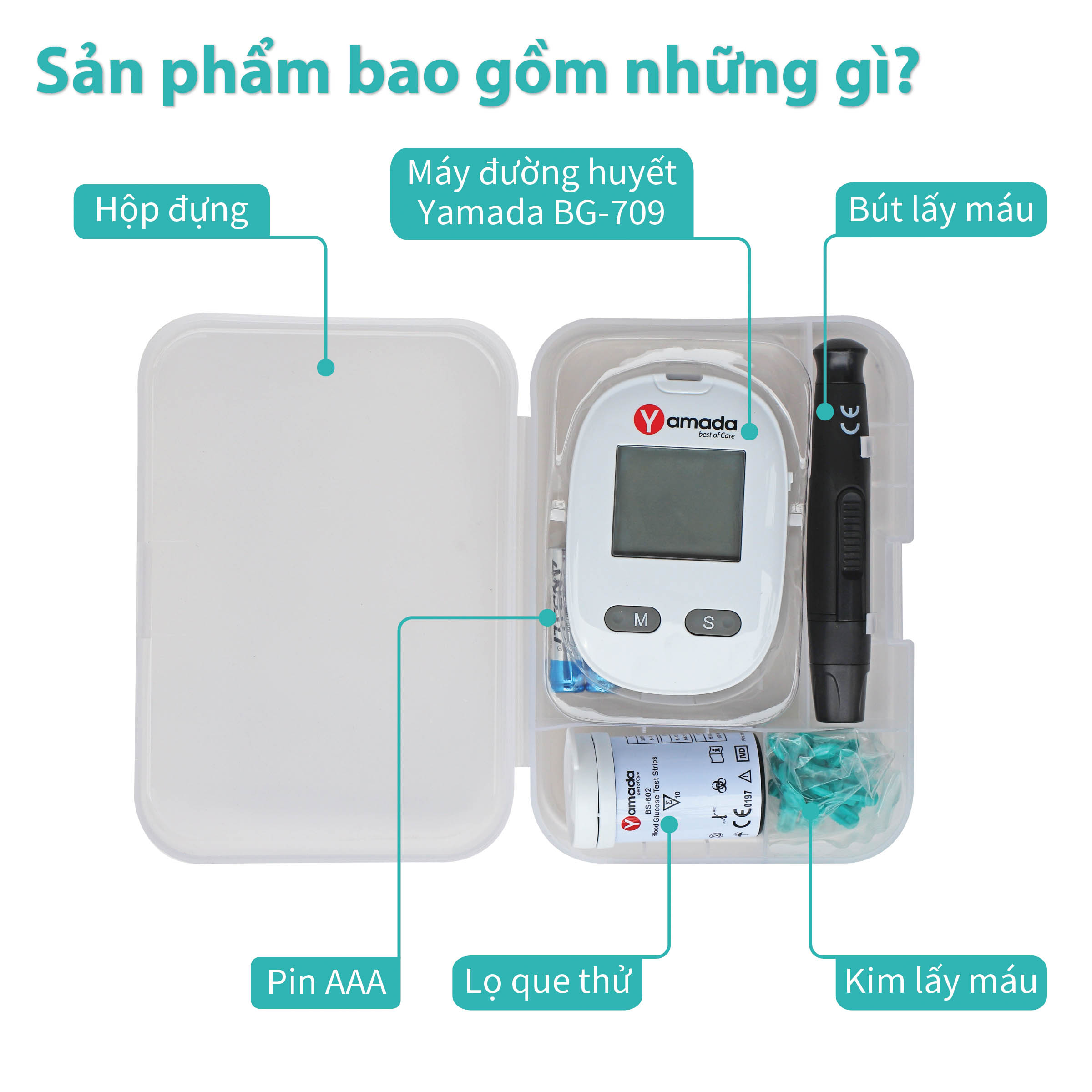 Máy đo đường huyết Yamada - Giọng nói tiếng Việt thông minh, thử tiểu đường, đo chỉ số hồng cầu HCT, tặng 10 que thử
