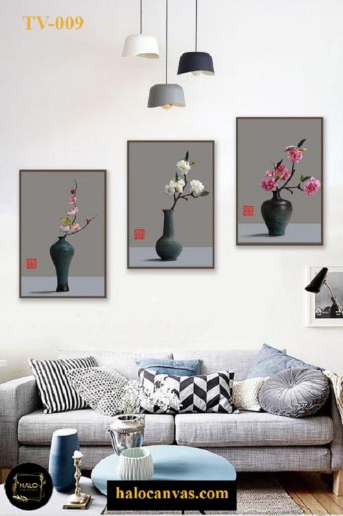 Bộ 3 Tranh Canvas Bình Hoa Đào, Nhài Và Hồng –