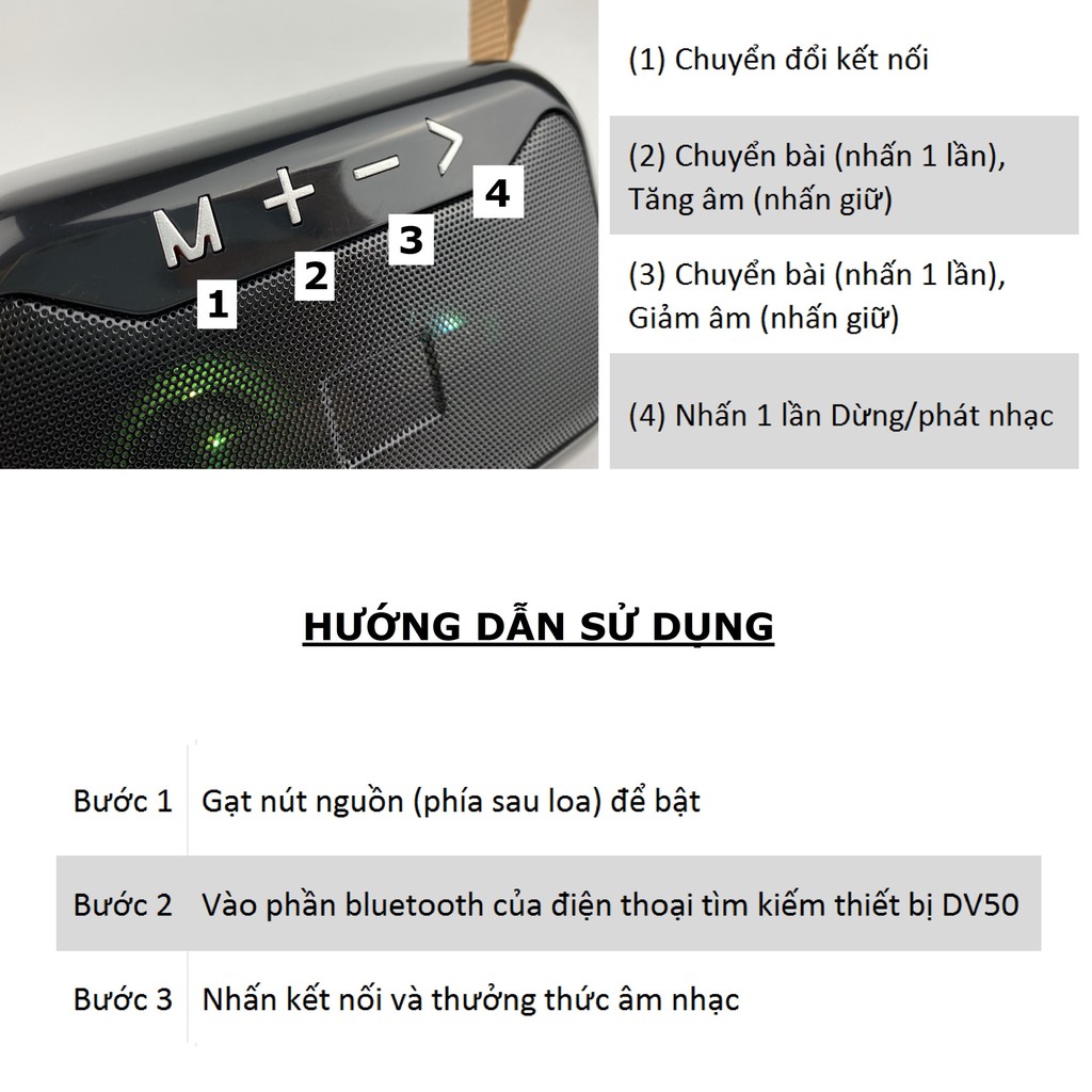 Loa Bluetooth DV50 Mini Siêu Bass Cầm Tay Nhỏ Gọn Có Đèn Led - Giao màu ngẫu nhiên