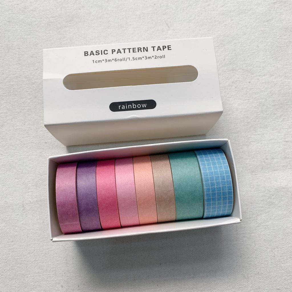 Hộp 8 Cuộn Washi Tape - Băng Dính Tone Màu Tím Xanh Hồng