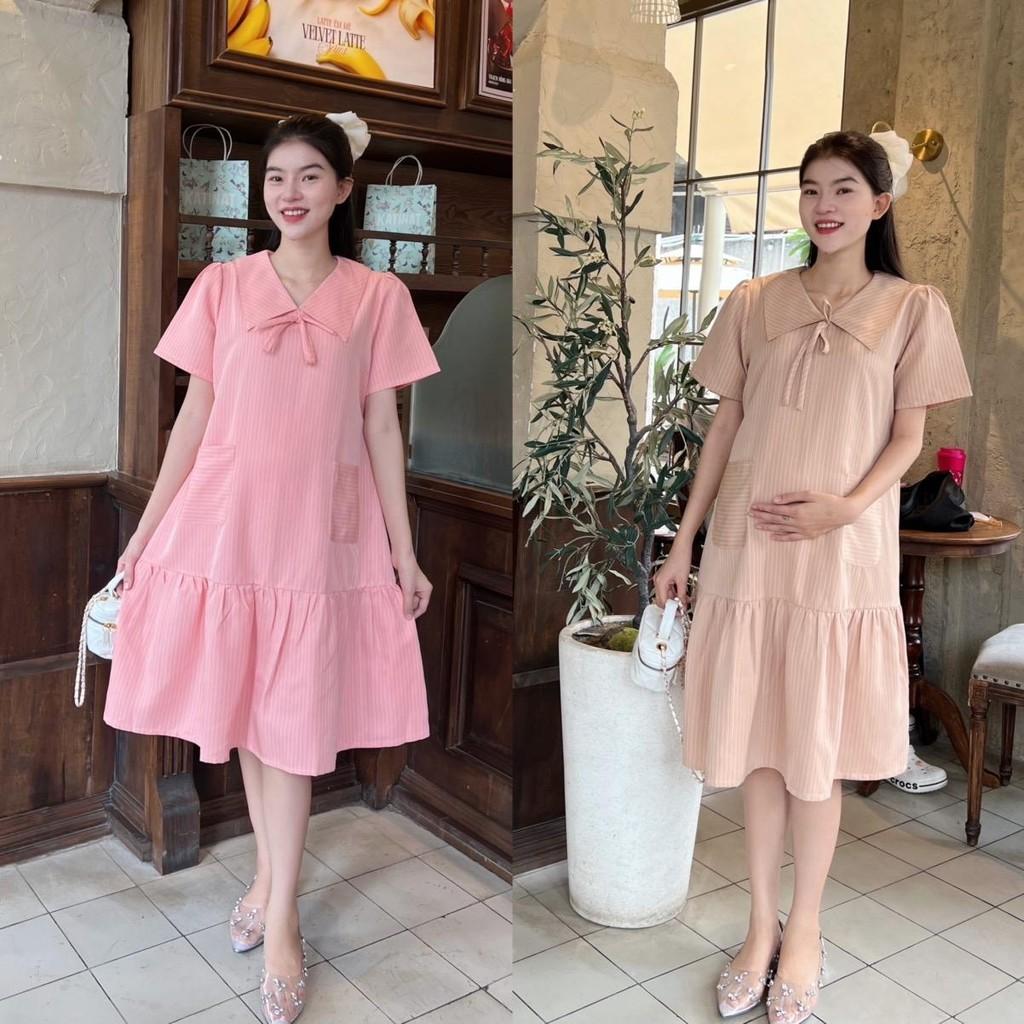 Đầm bầu sọc chỉ phom suông đuôi cá phối túi 2 bên dễ thương - Da