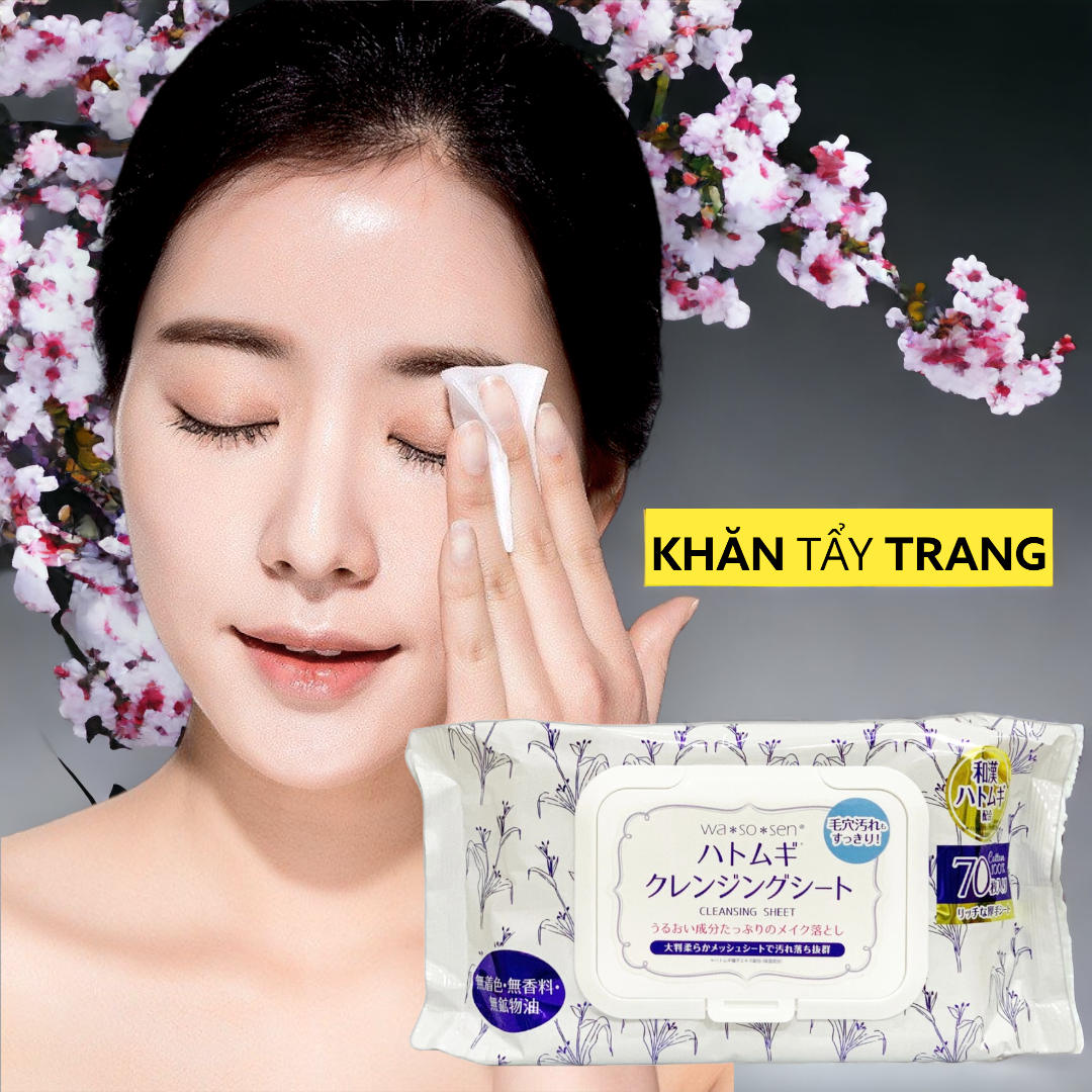 Khăn Ướt Tẩy Trang Chiết Xuất Hạt Ý Dĩ  Kumano Hatomugi Wasosen Cleansing Sheet Phù Hợp Du Lịch Túi (70 tờ)