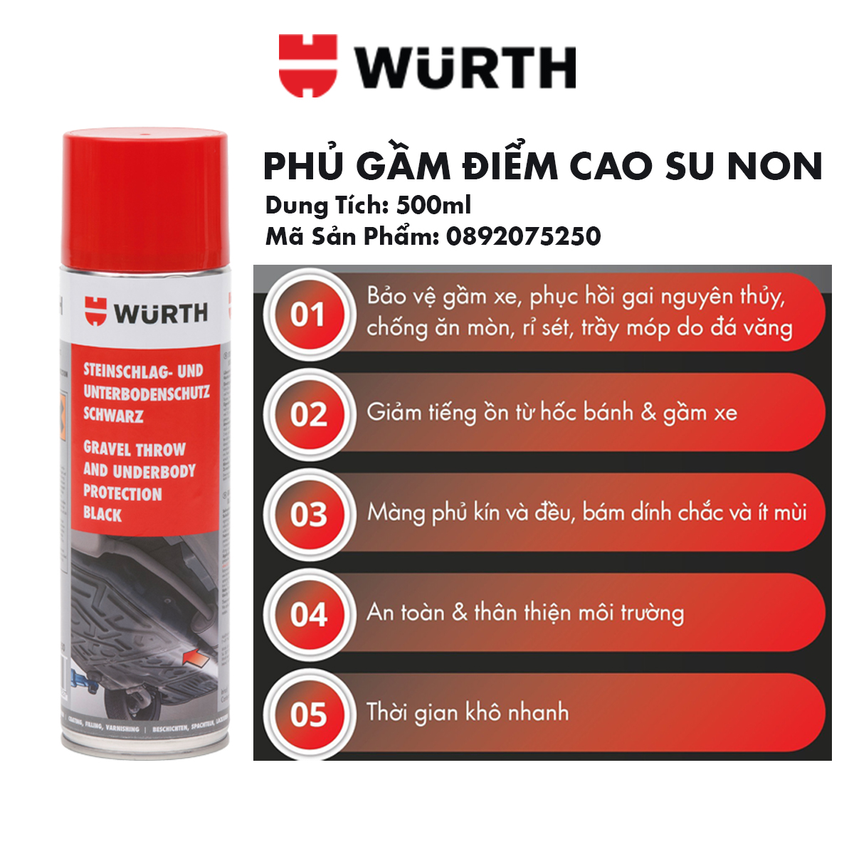 Wurth Phủ Gầm Màu Đen Chai Khí Nén Gravel Throw And Underbody Protection 500ml