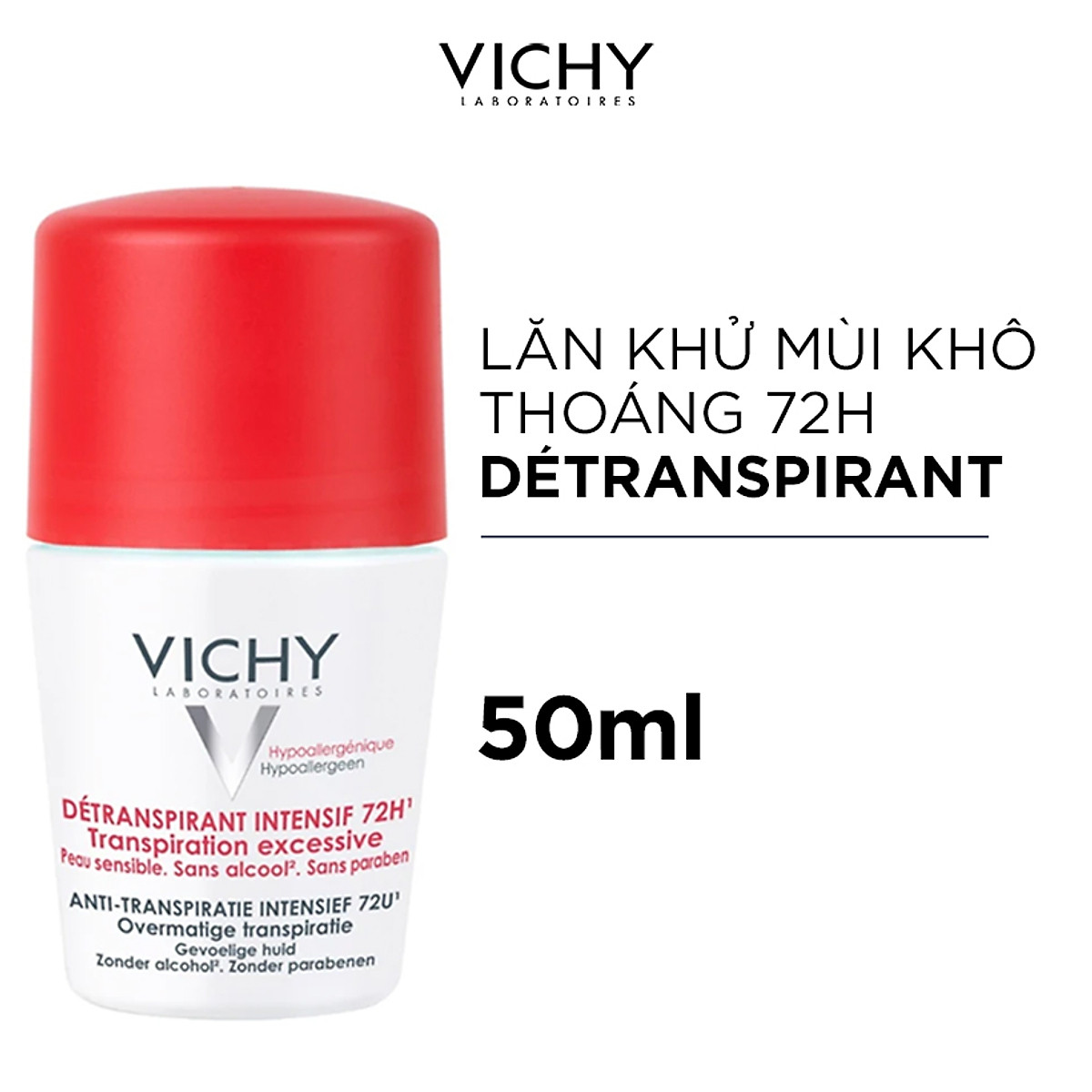 Lăn Khử Mùi Giúp Khô Thoáng Vùng Da Dưới Cánh Tay VICHY Detransprirant Intensif 72h Transpiration Excessive (50ml) - TẶNG MÓC KHÓA