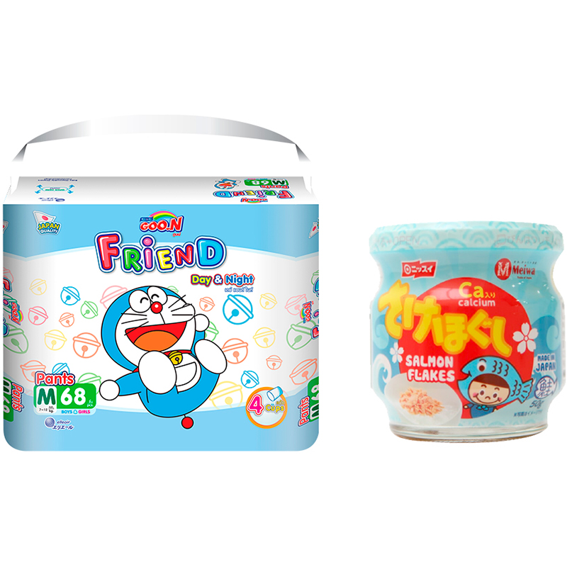 Tã Quần Goon Friend Doremon Mới Gói Siêu Đại M68 (7kg ~ 12kg) + Tặng Hủ Ruốc Cá Hồi Meiwa Vị Ngẫu Nhiên