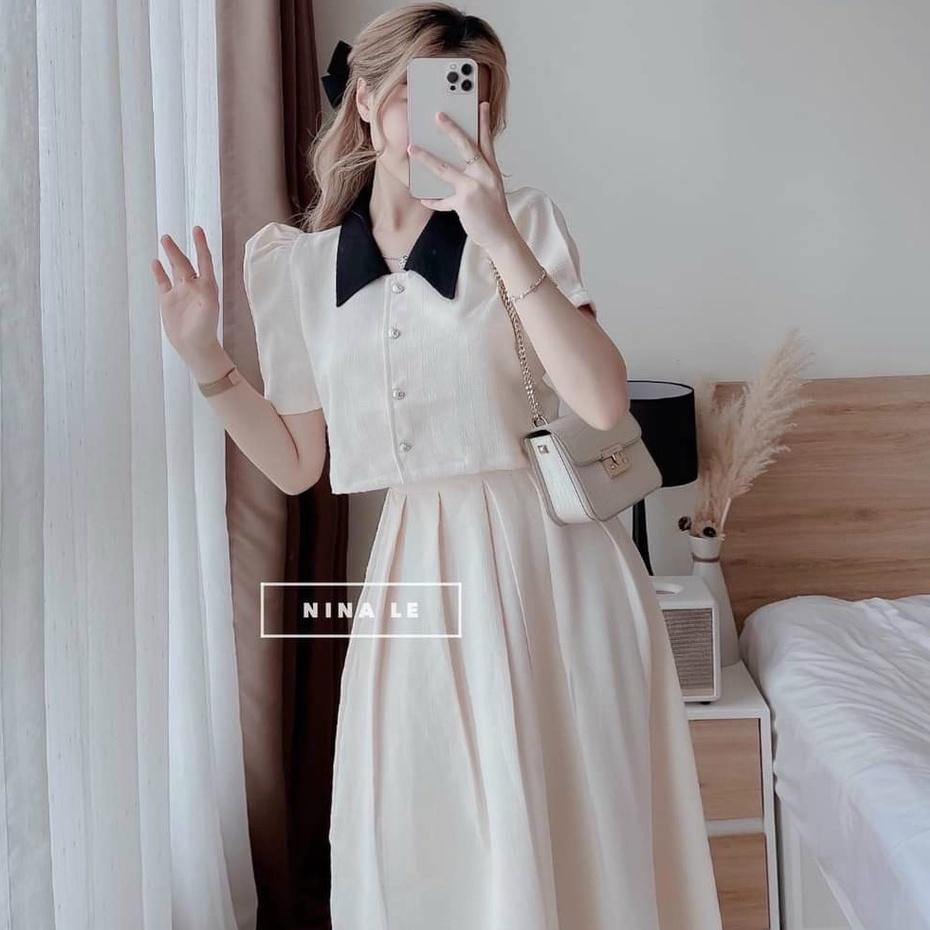 Sét áo nền trắng cổ v viền đen kèm chân váy trắng dáng dài thời trang nữ mùa hè