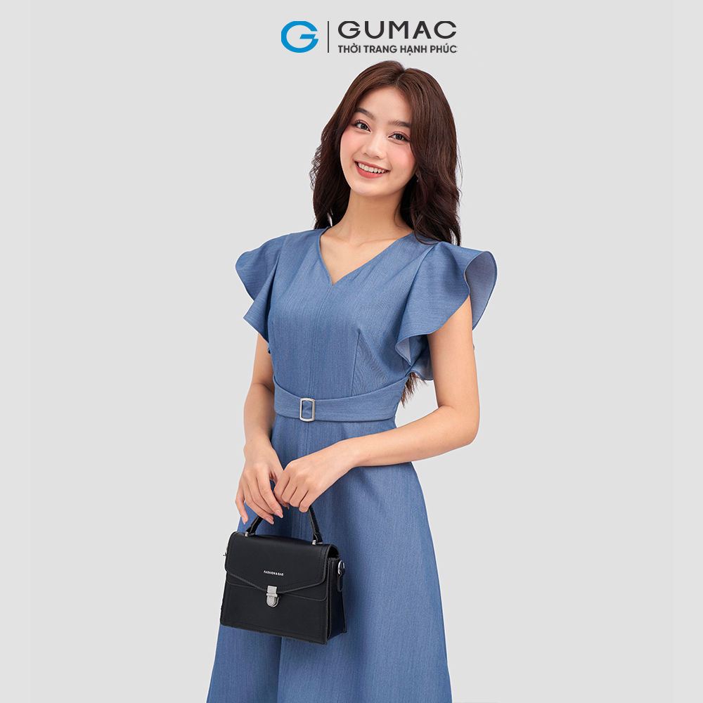 Đầm xòe GUMAC DC12002 tay bèo thắt đai eo thanh lịch