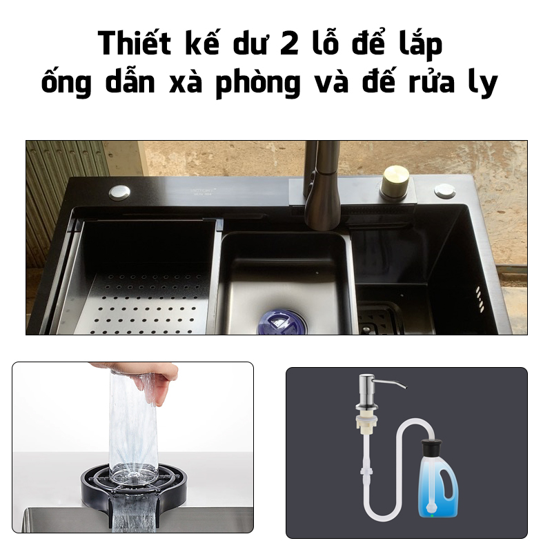 Bồn Chậu Rửa Chén Bát Vòi Thác Nước 1 Hố Nano Đen 75x46cm Lớn 