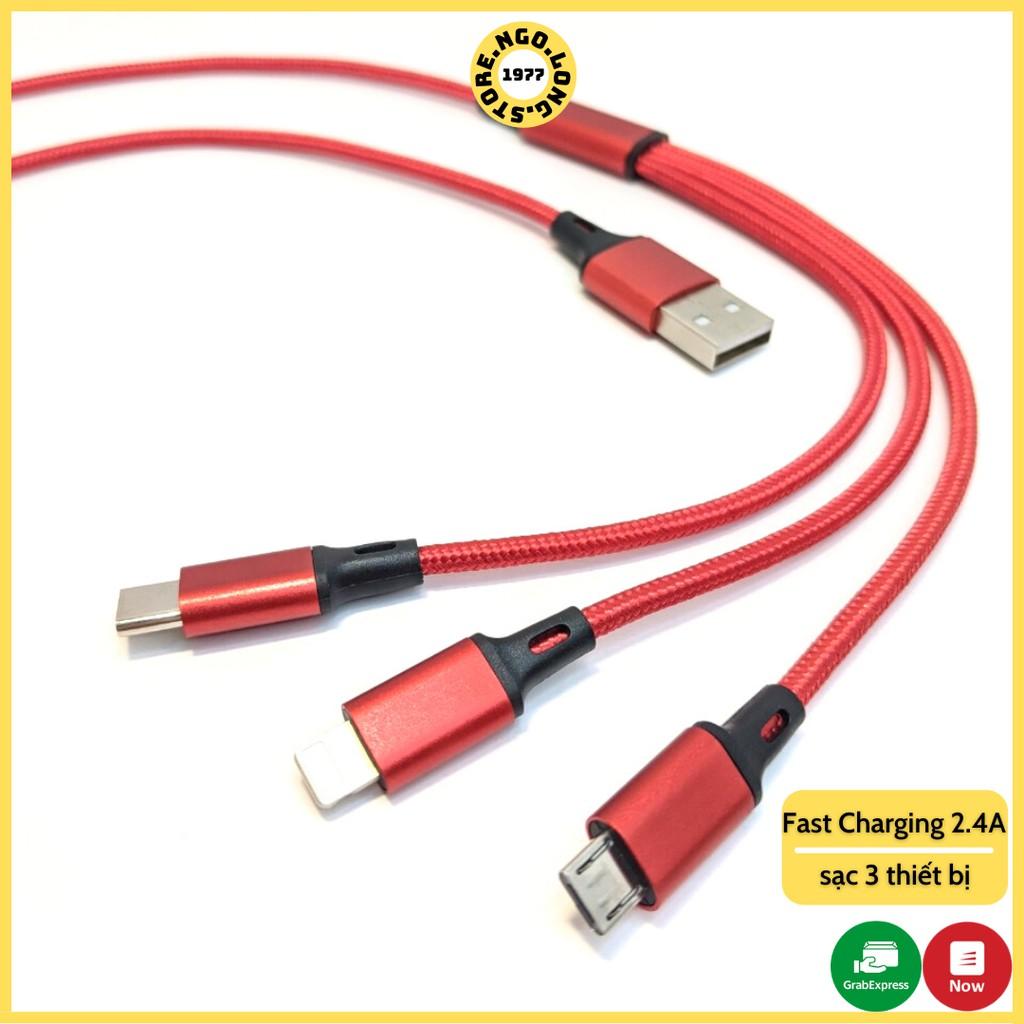 Cáp Sạc Đa Năng Dây dù sạc nhanh 3A Dài 1m2 | Dây Cáp Sạc 3 in1 iphone micro usb type c