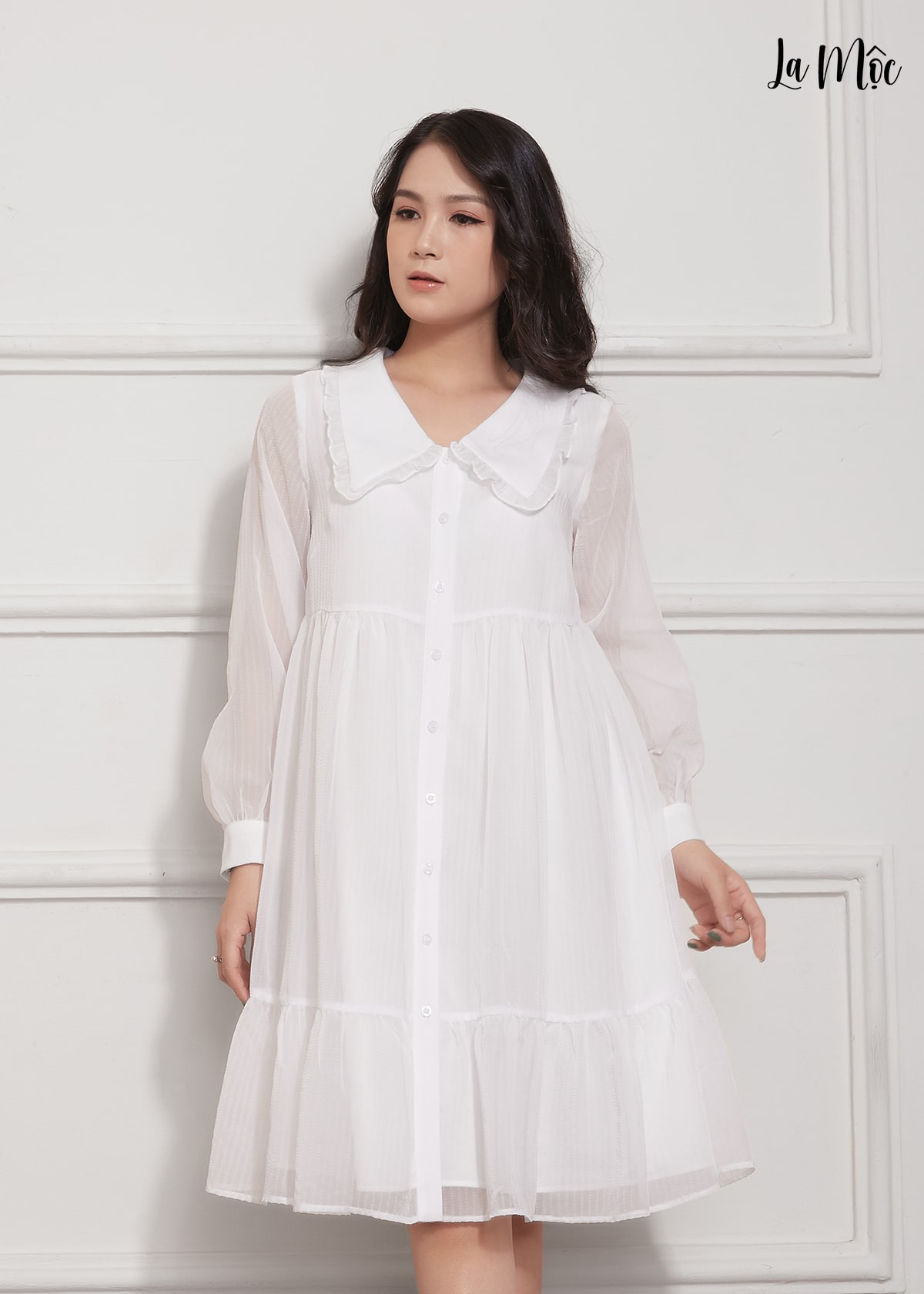 Đầm Babydoll Lụa Crep Nhún Bèo Tay Dài Phồng Nhẹ Maxivic, La Mộc - LM012207