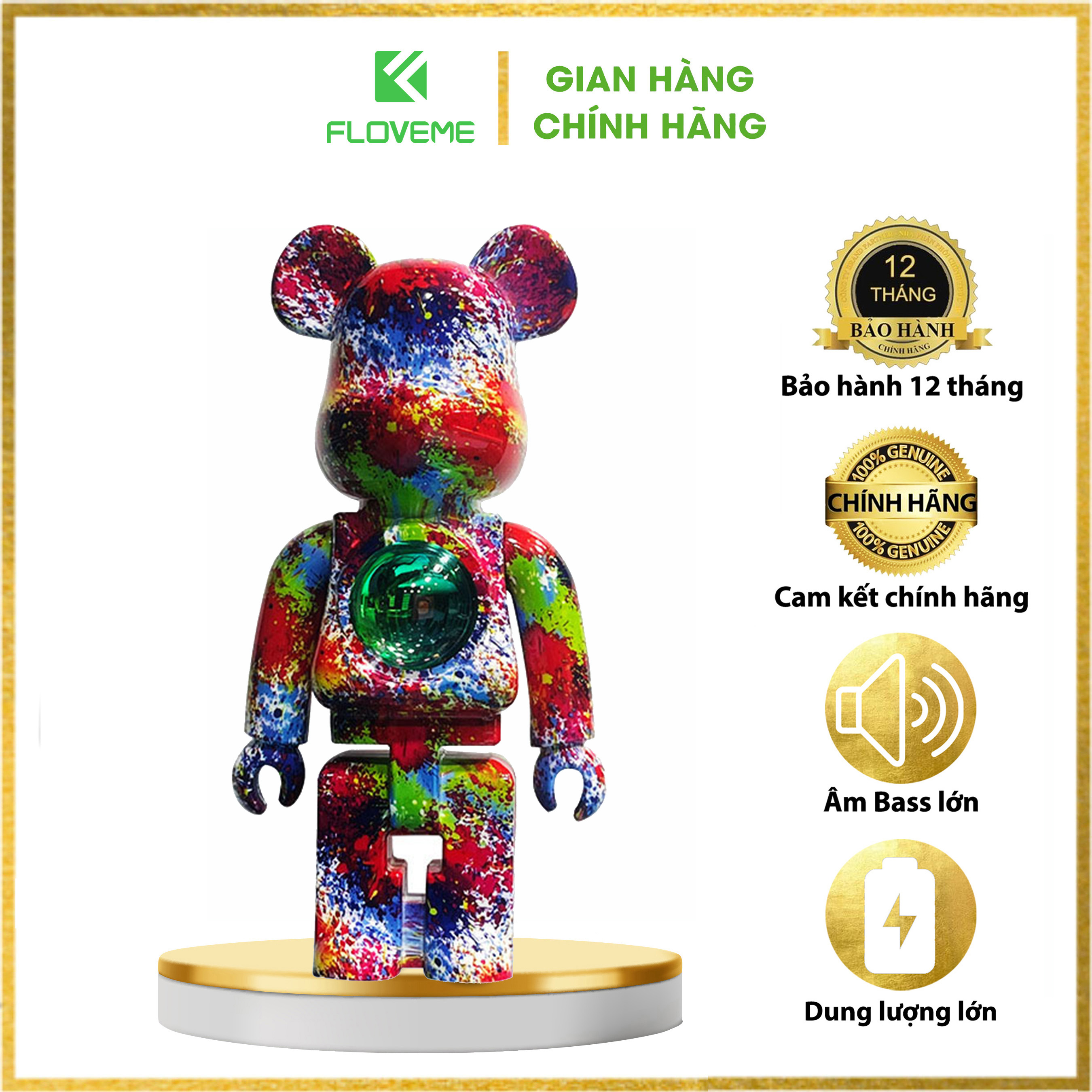 Loa Bluetooth Gấu Bearbrick Đèn Led Floveme Shen Lian, Nhỏ Gọn, Decor Bàn Làm Việc, Âm Thanh To Rõ Nét, Pin Dùng 3 - 5h - Hàng Chính Hãng