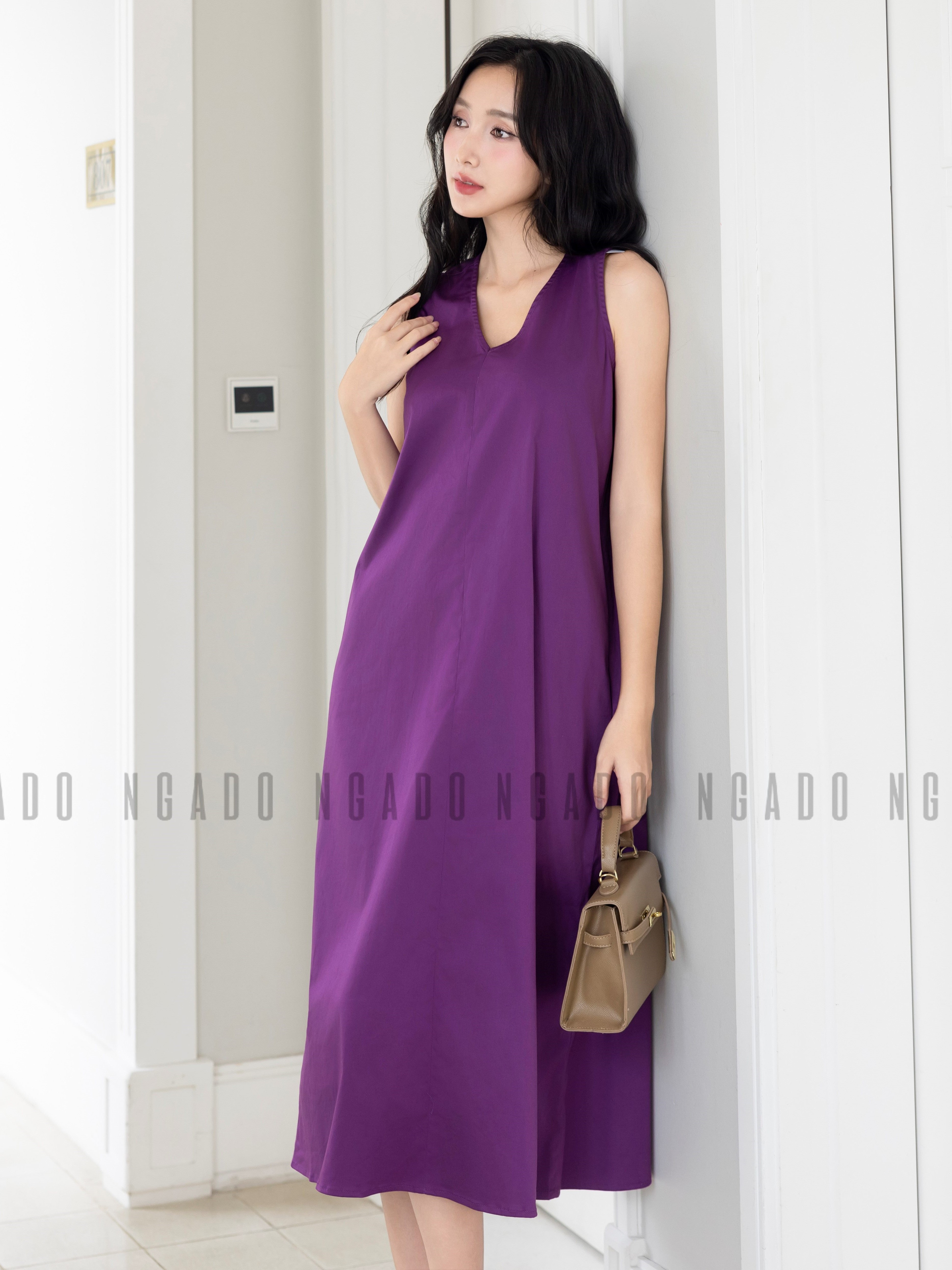 Đầm tím cổ tim NGADO , đầm nữ , Đầm suông , Đầm thiết kế