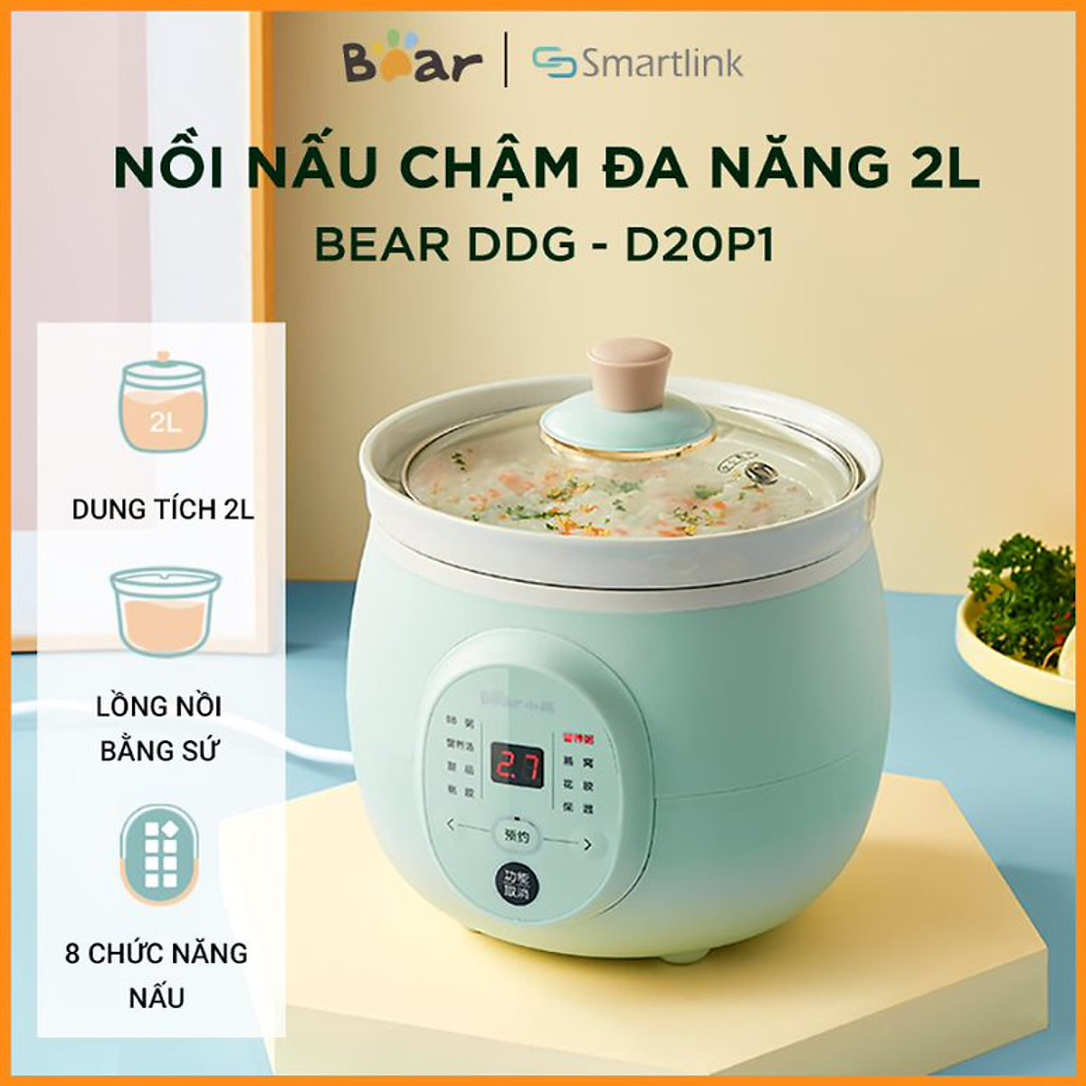 Nồi nấu chậm Bear DDG-D20P1 - Dung tích 2 lít - Lòng nồi gốm sứ - Hàng chính hãng