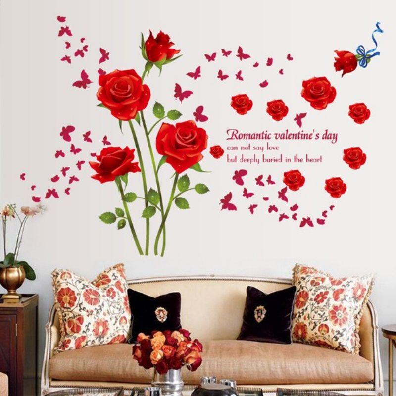 Decal dán tường hoa hồng đỏ_ trang trí phòng ngủ