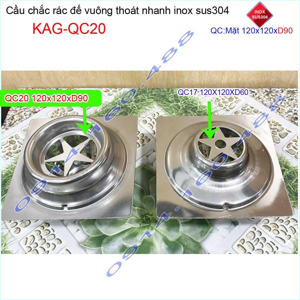 Cầu chắn rác đế vuông 12x12cm D90 KAG-QC20, Phễu thoát nước sân thượng SUS304 ống 9cm thoát nhanh chắn rác tốt