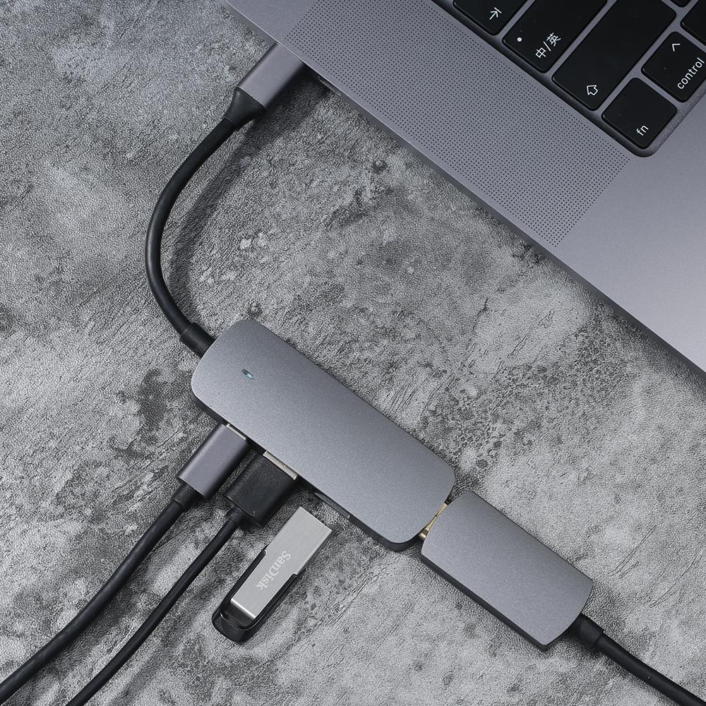 Bộ chuyển đổi Type-C 4 trong 1 Type-C sang HD Hỗ trợ 4K@30Hz/USB3.0 với Tốc độ lên đến 5Gbps / USB 2.0 / Type-C Nguồn 5V