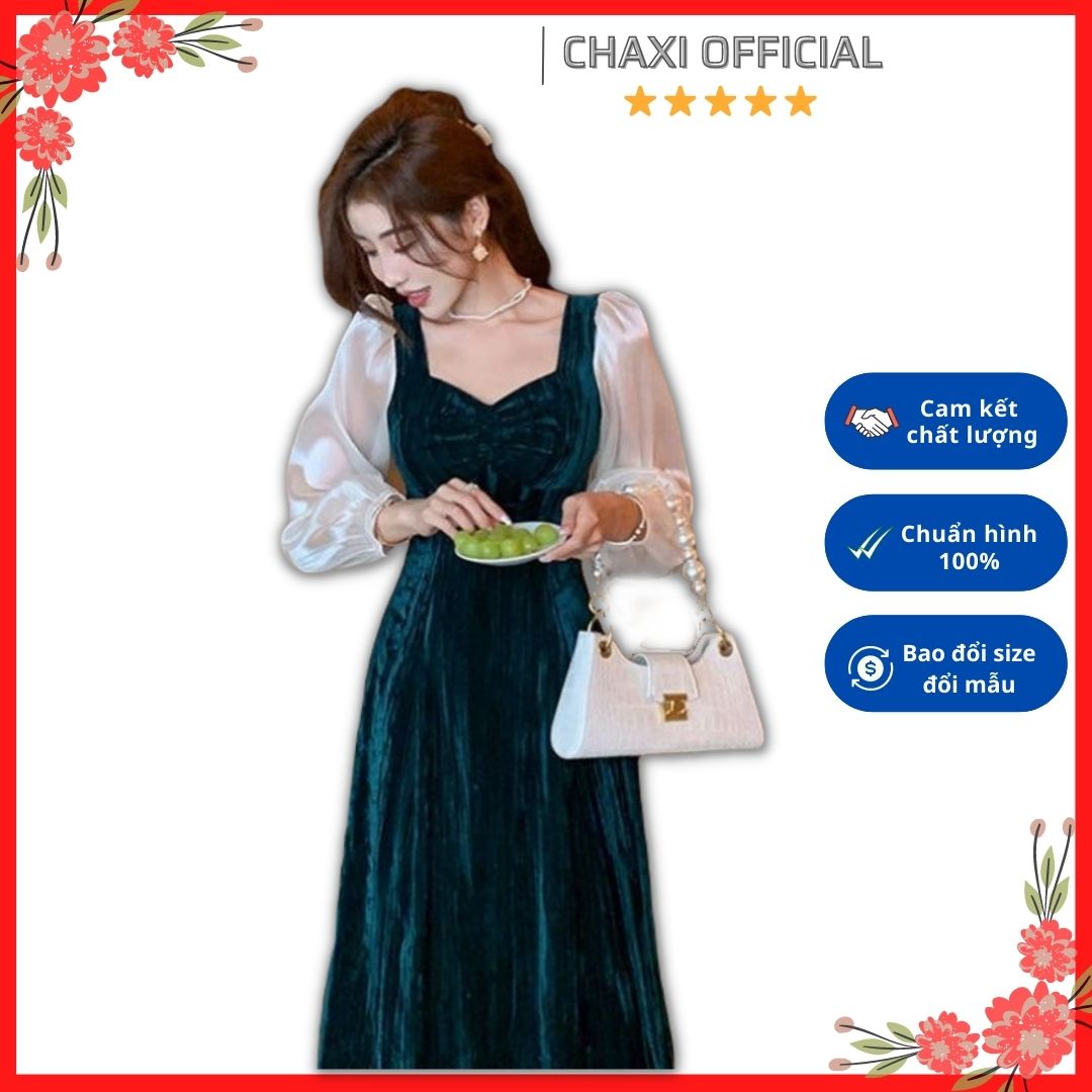 Đầm xòe cổ vuông nhung xanh phối tay lụa trắng dáng dài vintage - D152435 - Hàng Quảng Châu cao cấp