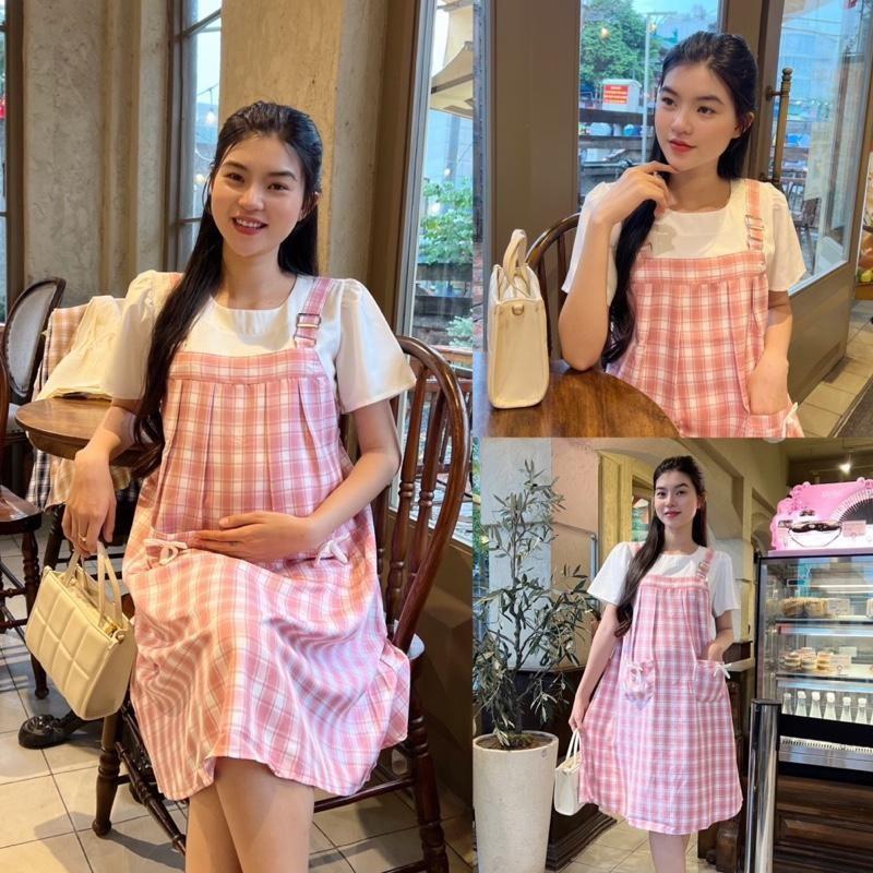 Đầm bầu yếm liền Karo phối túi dễ thương, xinh xắn chất cotton lụa Váy Bầu Năng Động - Đen