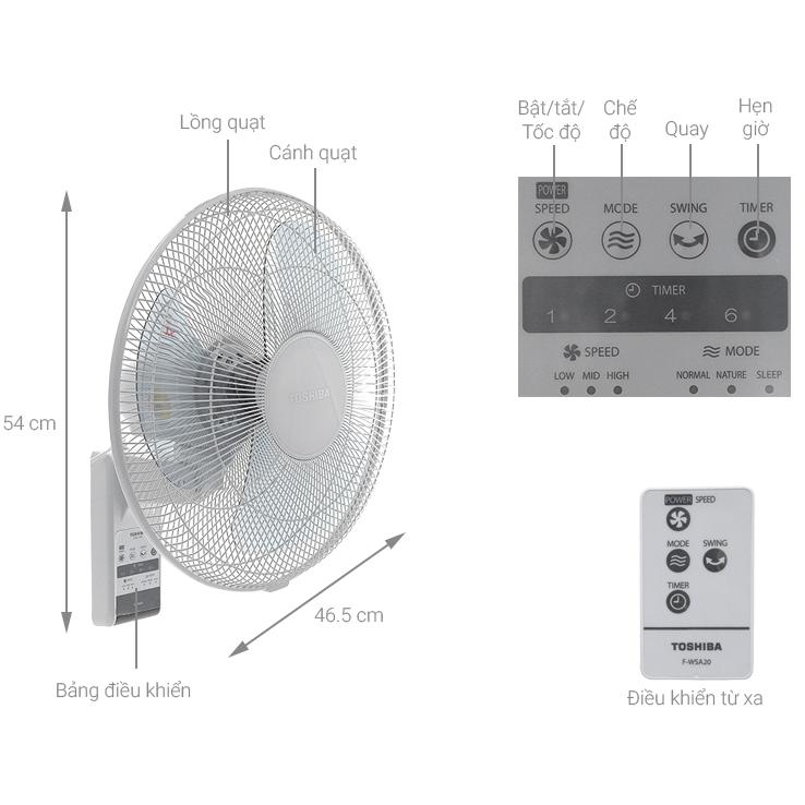 Quạt Treo Tường Toshiba F-WSA20(H)VN - Có Điều Khiển - Động Cơ Bạc Thau Êm ÁI, Hàng Chính Hãng
