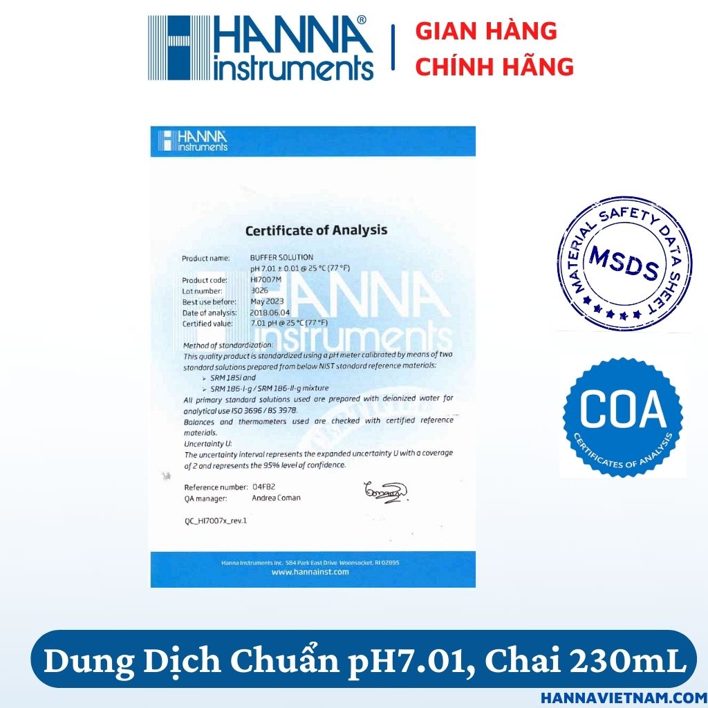 Dung Dịch Hiệu Chuẩn pH 7.01 Có Thể Dùng Cho Bất Kỳ Máy Đo pH Nào, Chai 250mL - HI7007M