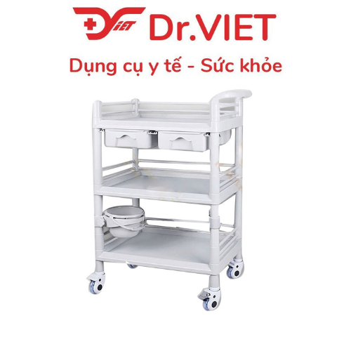 Xe đẩy dụng cụ tiêm nhựa ABS Loại 3 tầng 2 hộc nhỏ, 1 chậu (M)