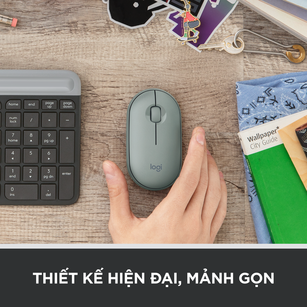 Chuột không dây Logitech Pebble M350 - Kết nối Bluetooth/ USB 2.4GHz, thiết kế mỏng, giảm ồn, phù hợp Mac / PC / Laptop - Màu Xanh rêu - Hàng chính hãng