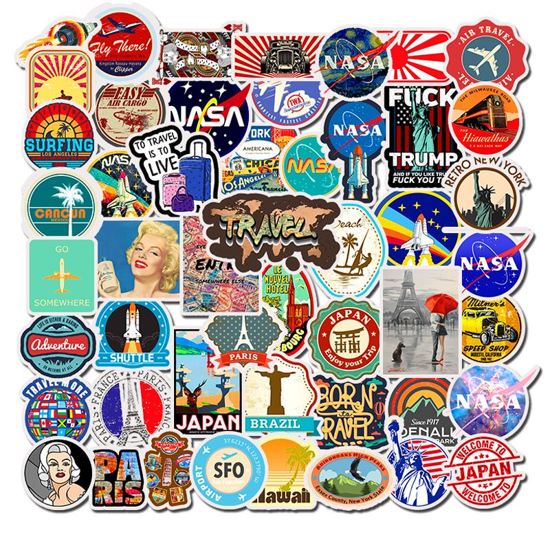 Bộ 50 Sticker dán Macbook, Vali, Mũ bảo hiểm, Điện thoại, Laptop chủ đề du lịch thế giới Travel Word - Hàng nhập khẩu