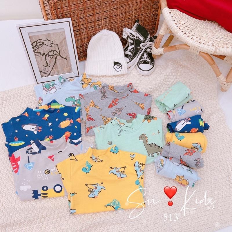 Bộ cotton cổ cao 3p quần áo bé trai hoạ tiết khủng long ô tô