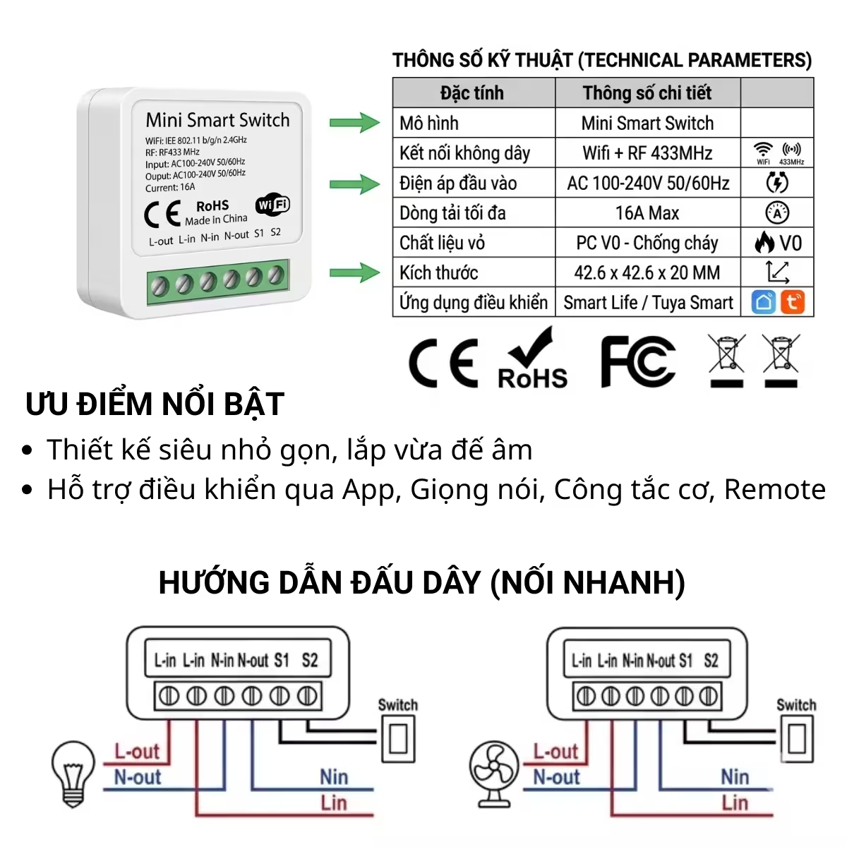 Công tắc thông minh Mini Smart Switch Wifi + RF 433MHz (16A)