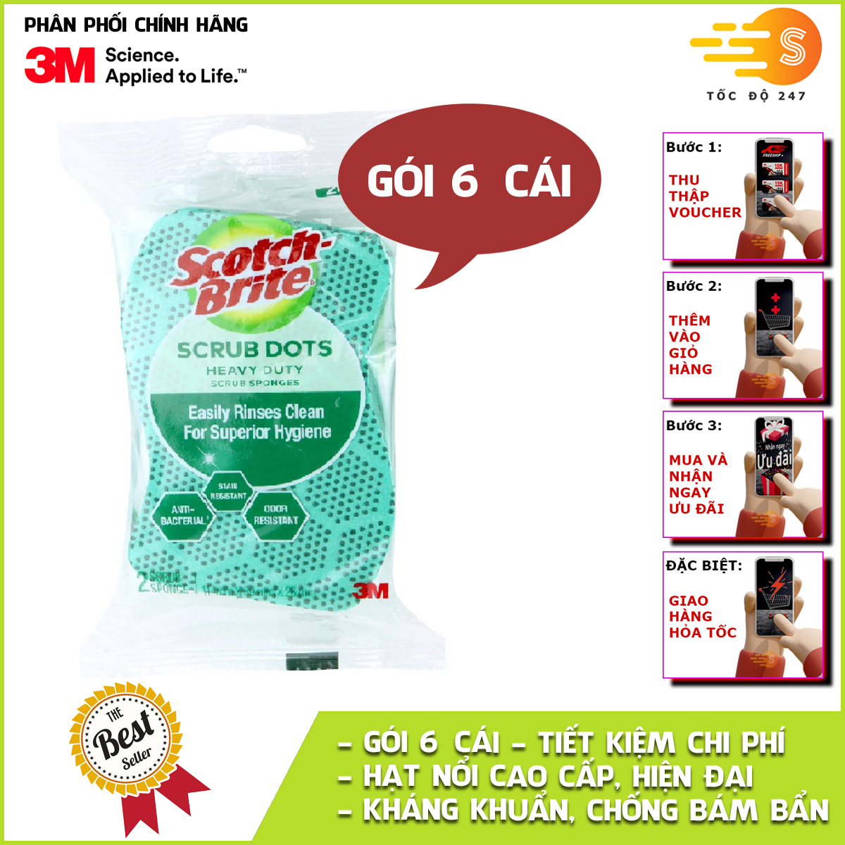 Miếng rửa chén hạt nổi siêu sạch Scotch-Brite 3M CR-HNSS