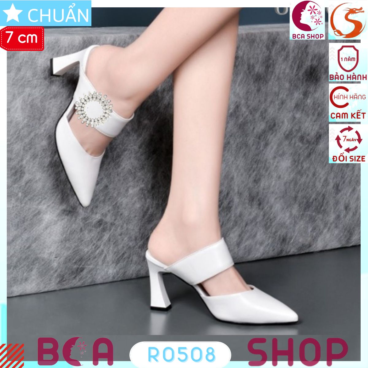 Giày cao gót nữ 7p RO508 ROSATA tại BCASHOP kiểu dép sục nữ màu trắng, quai ngang có đính hoa kim cương lấp lánh