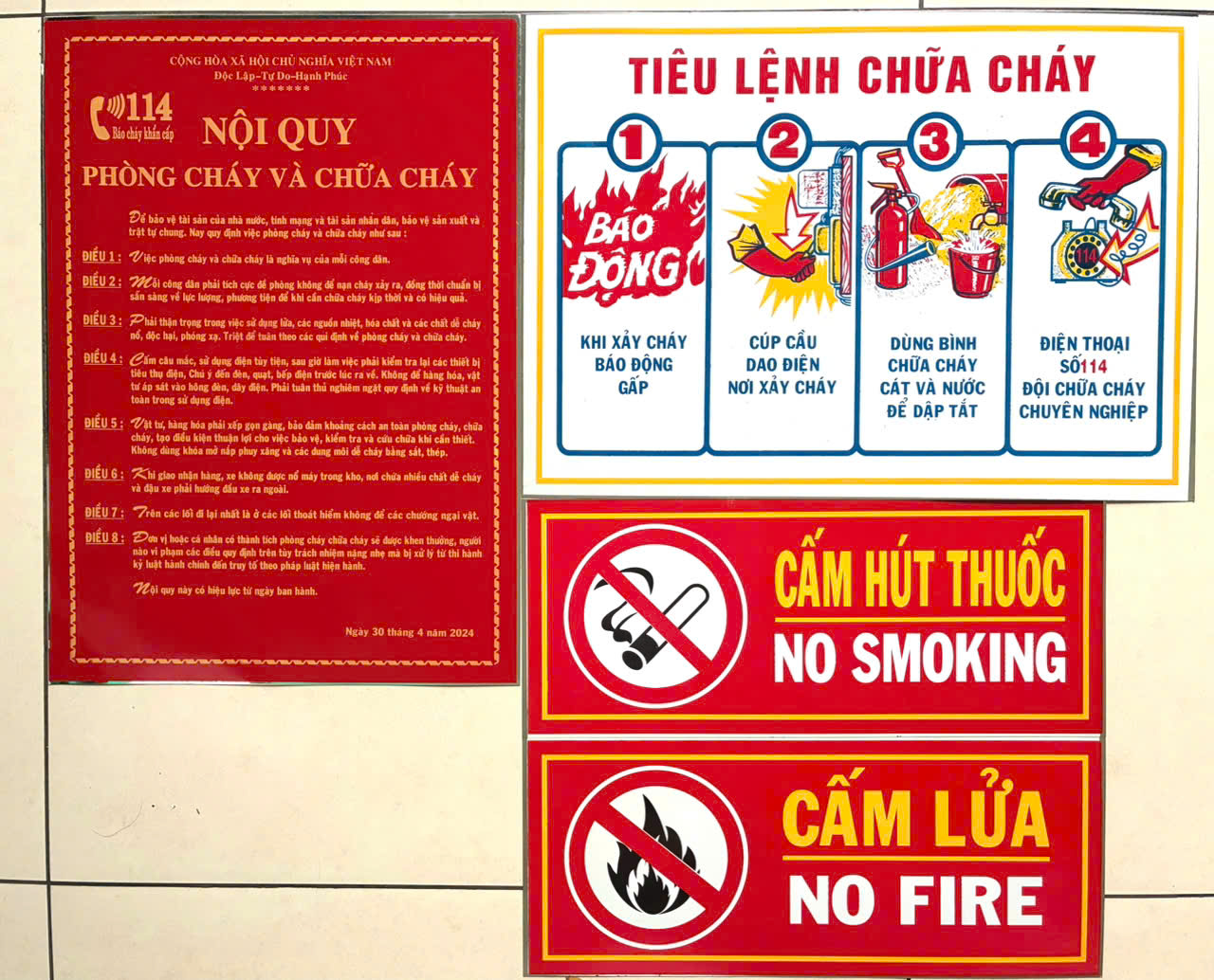 Bộ 4 bảng gồm: Nội quy - Tiêu lệnh Phòng cháy chữa cháy - Cấm Thuốc - Cấm lửa bằng chất liệu tôn cao cấp