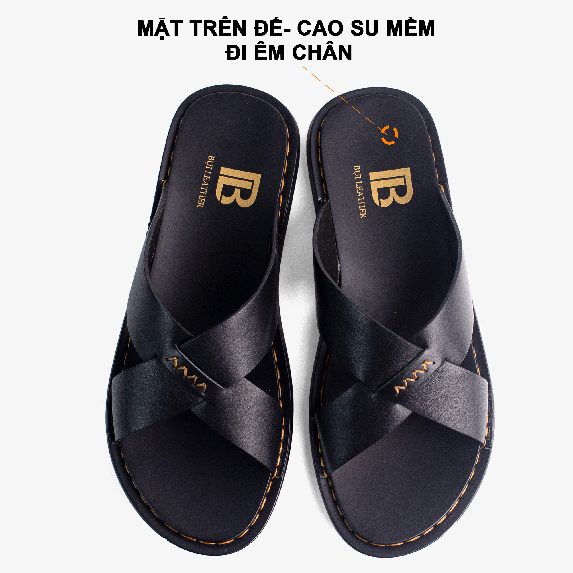 Dép nam quai ngang da bò Nappa cao cấp Bụi Leather E103, đế đúc nguyên khối khâu viền thủ công đi êm chân, Bảo hành 12 Tháng