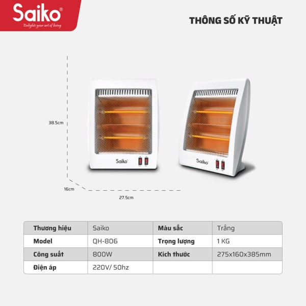 Máy Sưởi Saiko QH-806 2 Bóng 800W Hàng chính hãng