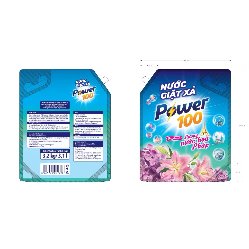 Túi Nước Giặt Xả POWER100 Hương Nước Hoa Pháp 3.2KG