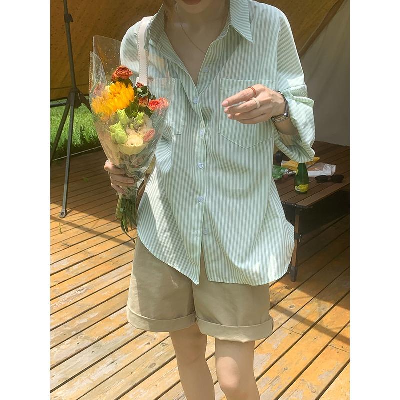 Áo sơ mi nữ form rộng dài tay kẻ sọc kiểu công sở vintage phong cách Hàn Quốc