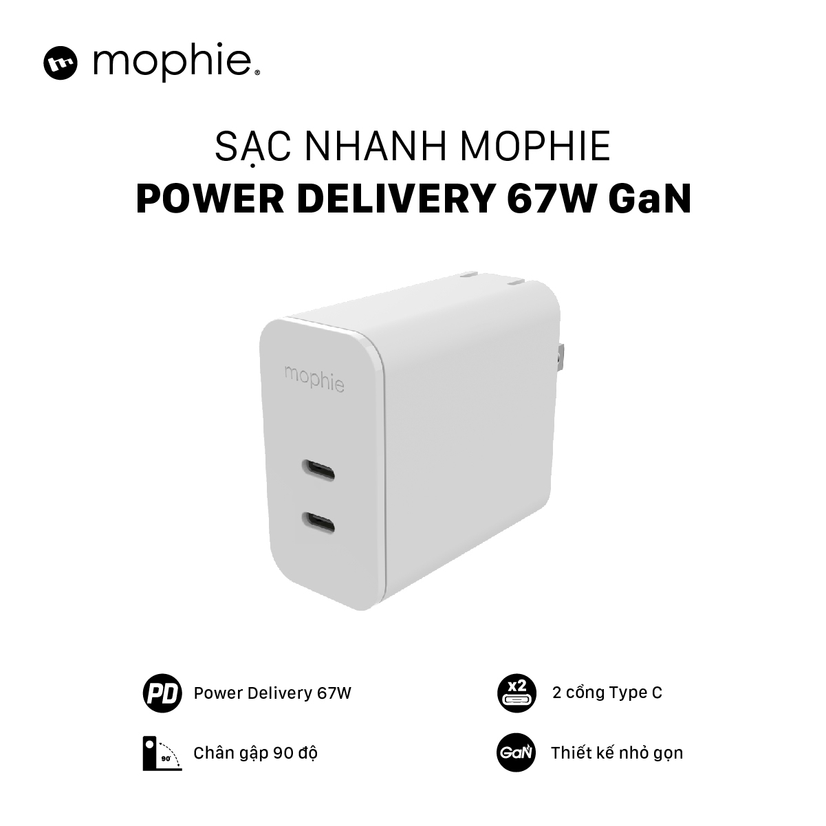 Sạc nhanh Mophie Power Delivery 67W 2 USB-C công nghệ GAN - Hàng chính hãng