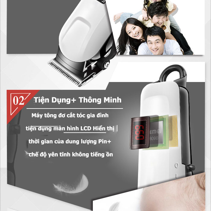 Tông Đơ Cắt Tóc Chuyên Nghiệp Kemei 809A, Tích Hợp Pin 2600 mAh Sử Dụng 240 phút Công Suất 5W, Đèn Led Hiện Dung Lượng Pin, Lưỡi Cắt Titatium, Động Cơ Hạn Chế Tiếng Ồn - HÀNG CHÍNH HÃNG