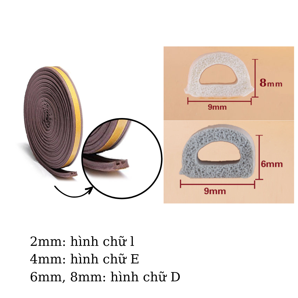 Cuộn 10 Mét Ron Dán Khung Cửa Giảm Tiếng Ồn Va Đập, Ngăn Bụi, Ngăn Côn Trùng Size 4 mm 6 mm 8 mm 10 mm - Hàng Chính Hãng